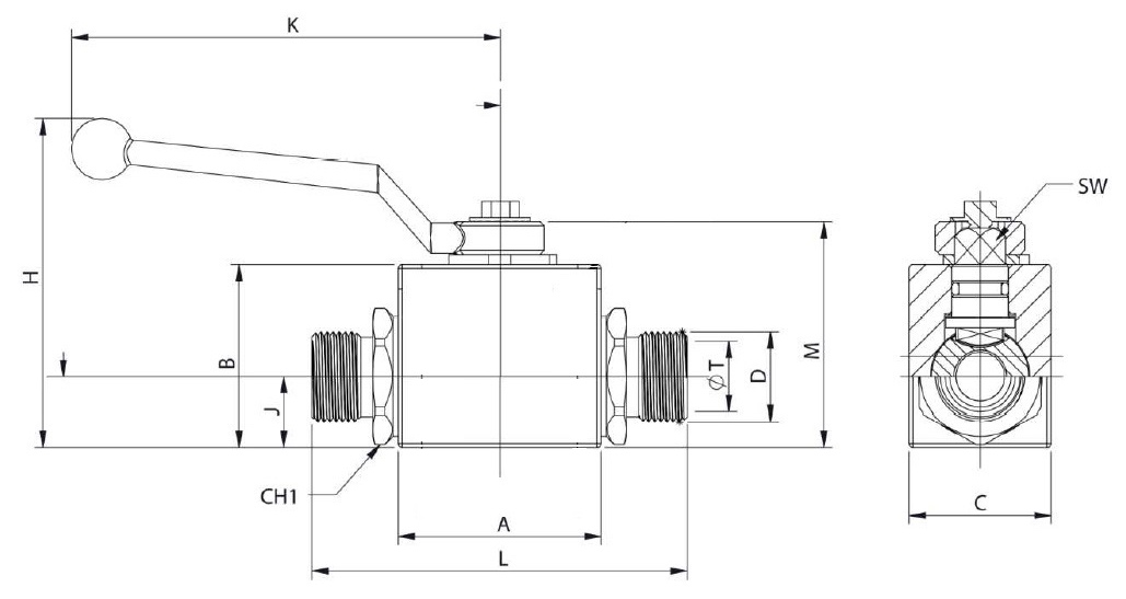 Hydraulicky 2 cestny gulovy ventil metricky